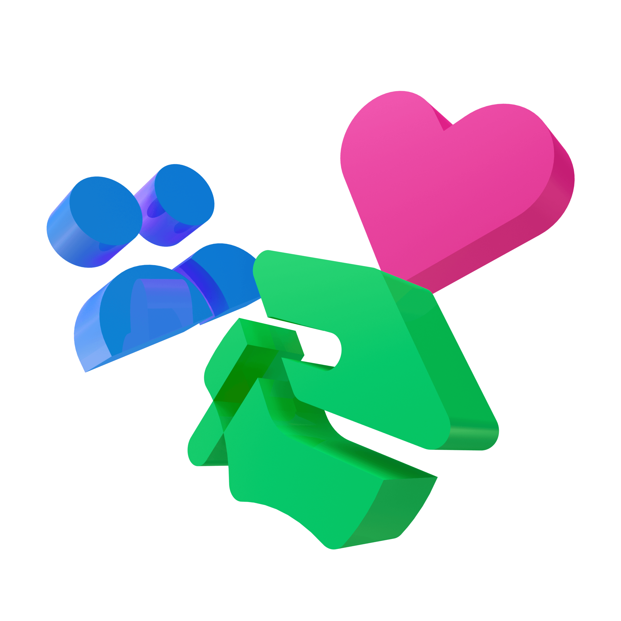 A pink heart, blue users icon, and green academic hat.